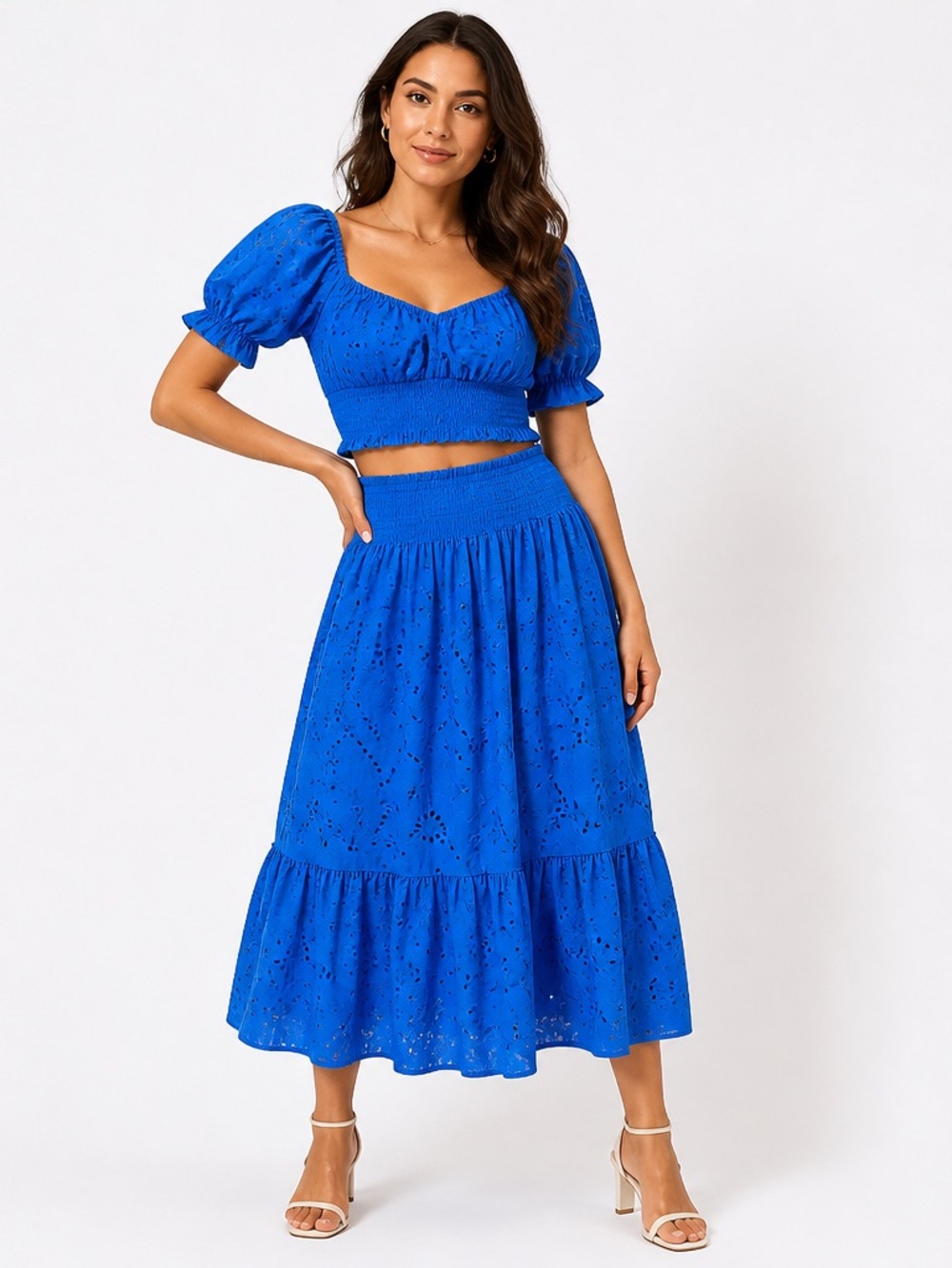 Royal Blue Eyelet Women’s Cotton Summer Maxi Skirt with Smocked Waist